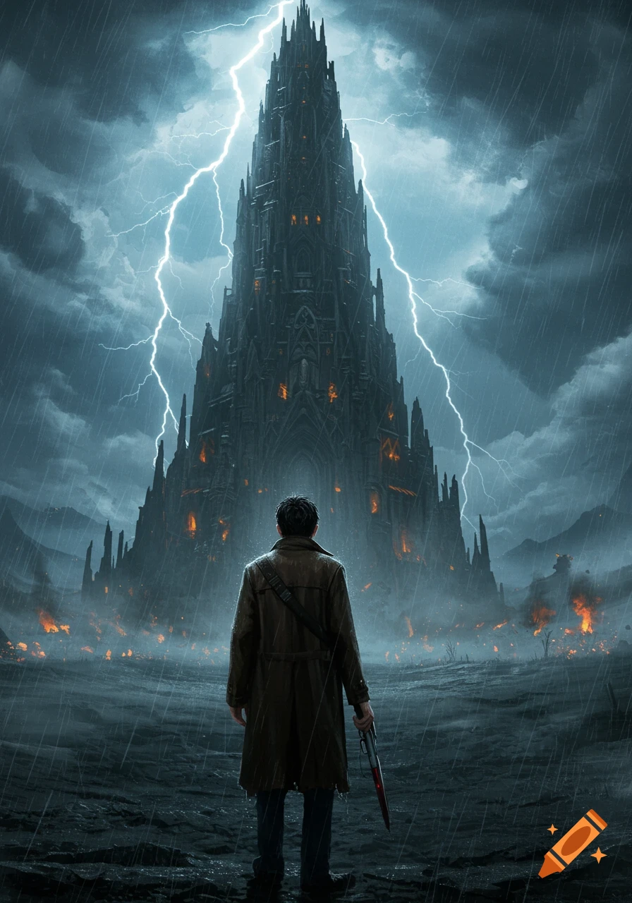 A lone man in a trench coat faces a towering dark gothic structure under a stormy sky with lightning and heavy rain.