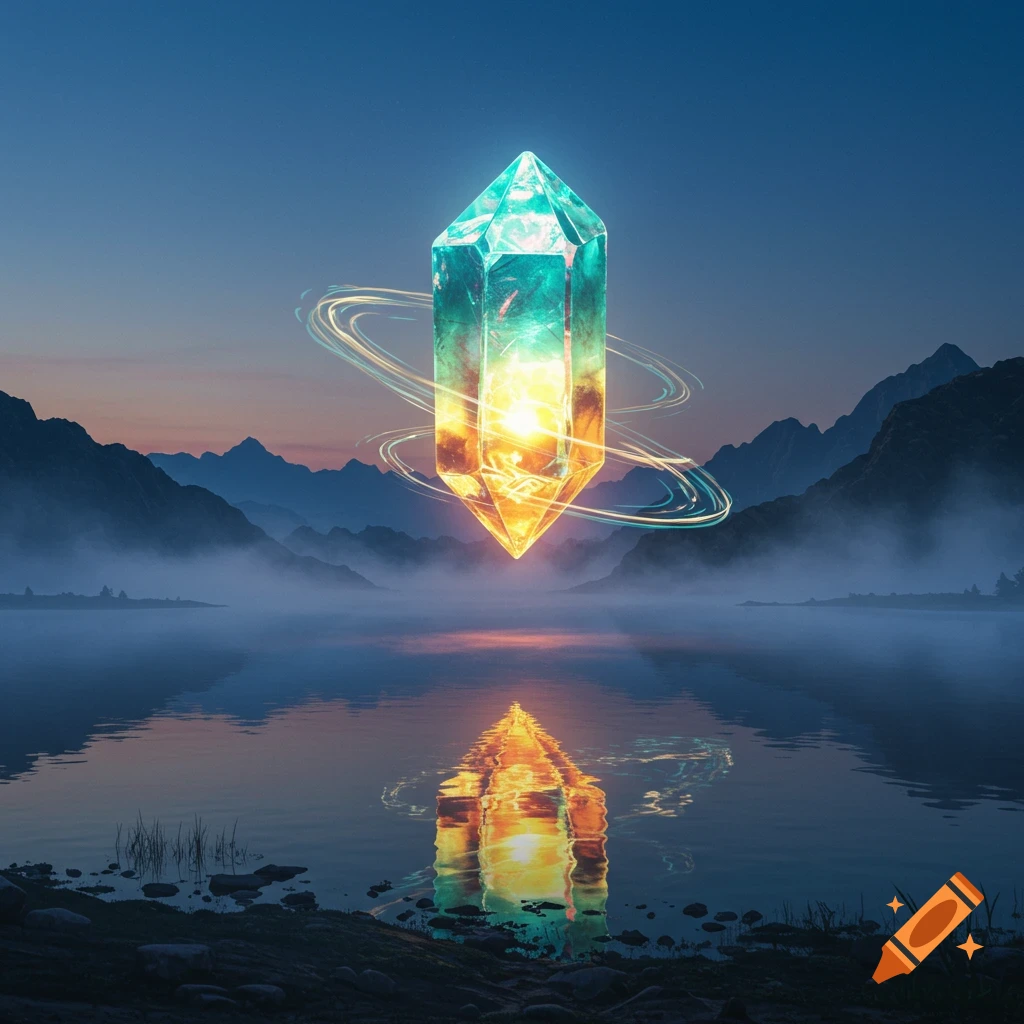 A glowing, faceted crystal floats above a misty lake at dusk, reflecting in the water, with mountains in the background.
