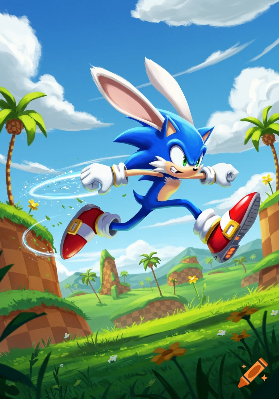 A blue anthropomorphic rabbit resembling Sonic, with long ears and red shoes, runs across a green, hilly landscape.