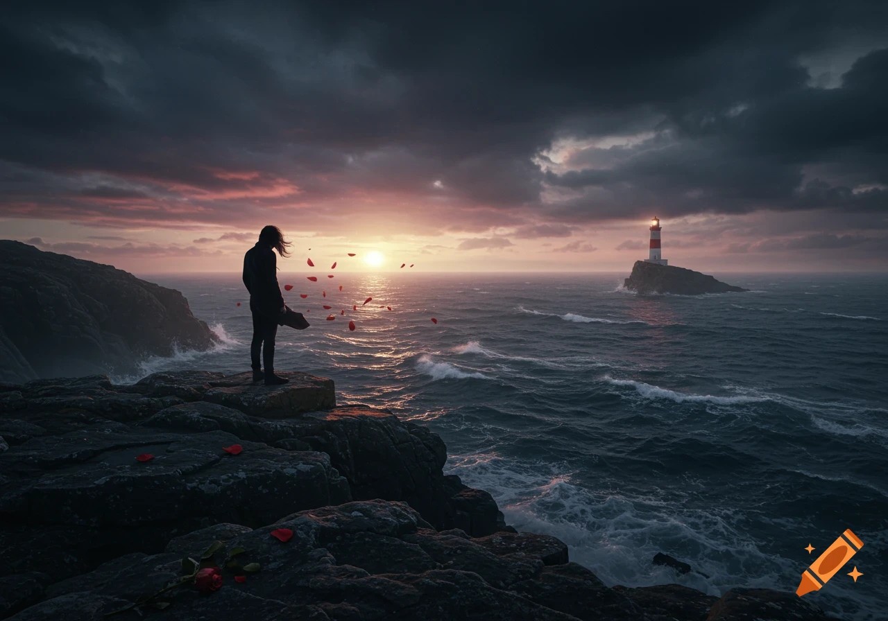 A silhouetted person stands on a dark rocky cliff overlooking a stormy ocean at sunset, with red rose petals blowing in the wind and a lighthouse in the distance.
