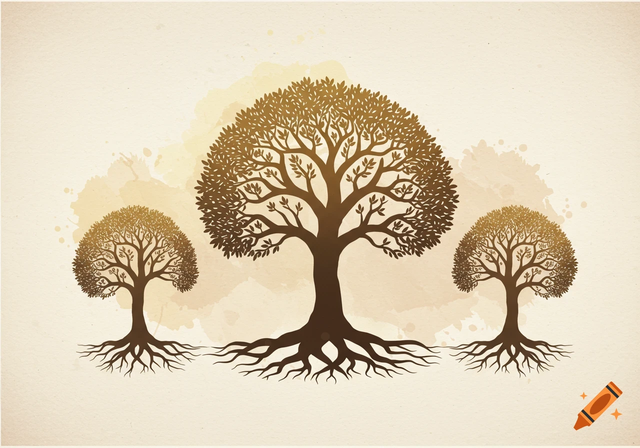 Three stylized brown trees with intricate branches and roots on a light textured background, resembling an illustration.