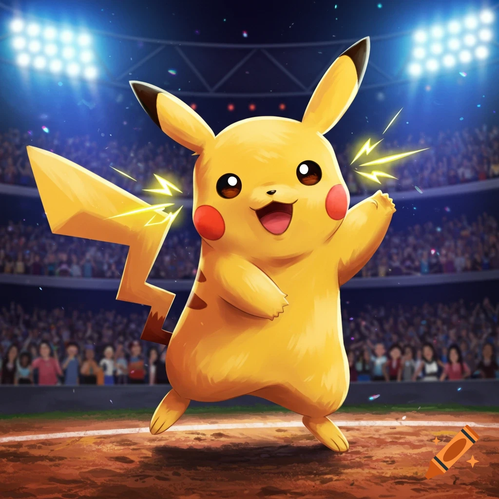A cheerful, vibrant illustration of Pikachu waving in a brightly lit sports stadium.