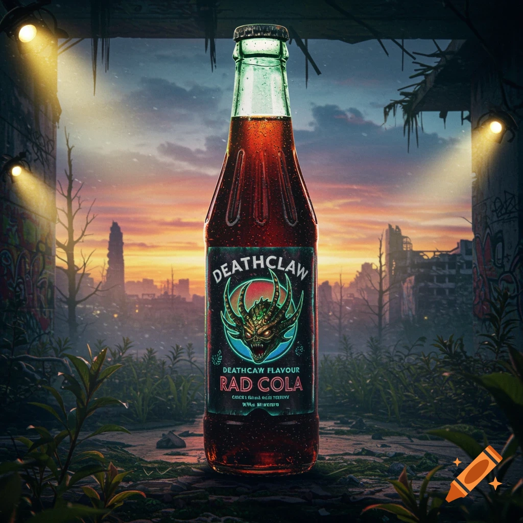 A photorealistic soda bottle labeled 'Deathclaw Rad Cola' in a desolate, overgrown post-apocalyptic city at sunset.