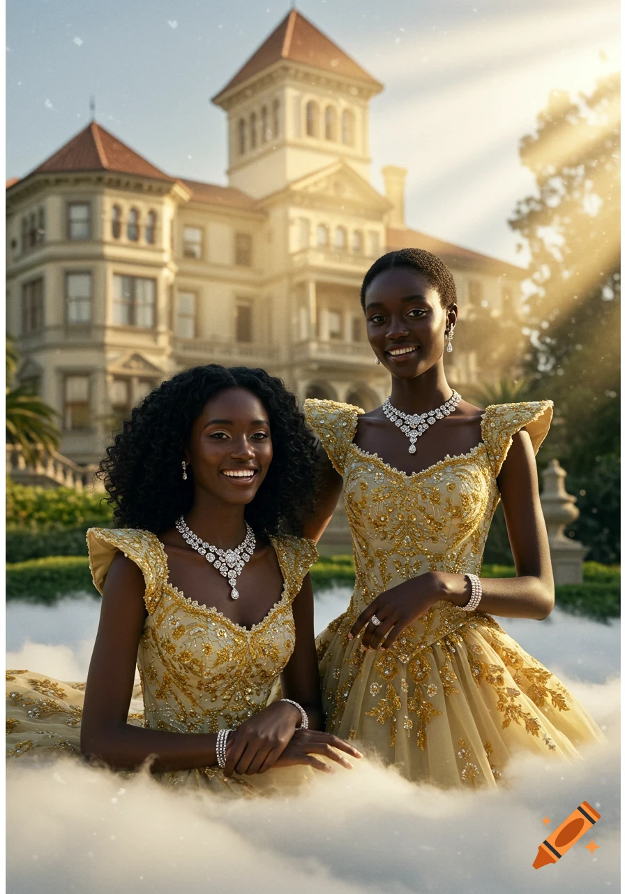 Two smiling dark-skinned women in ornate gold dresses and diamond jewelry, standing in clouds with a grand Victorian house in the background.
