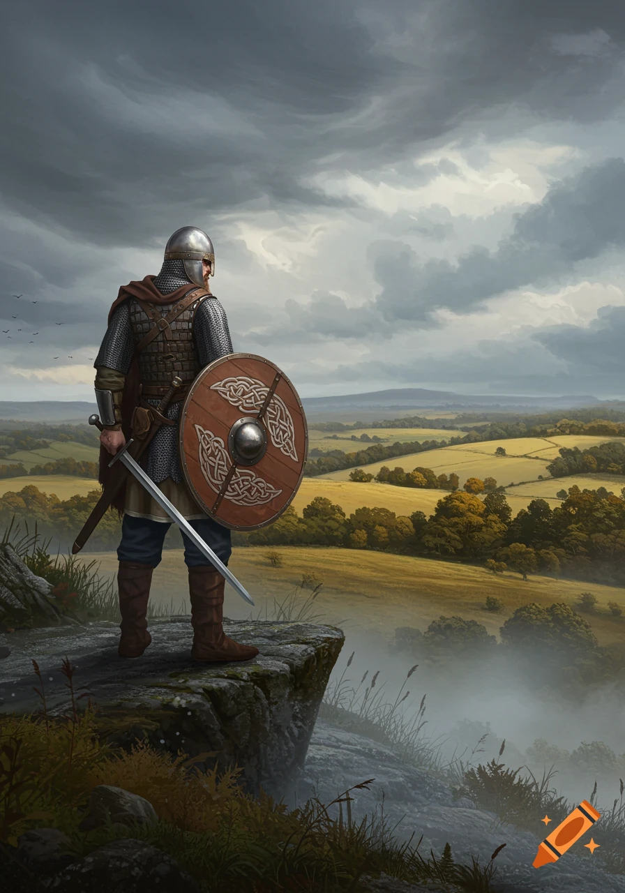 A warrior in chainmail armor and helmet stands on a cliff with sword and shield, overlooking a green landscape under stormy skies.