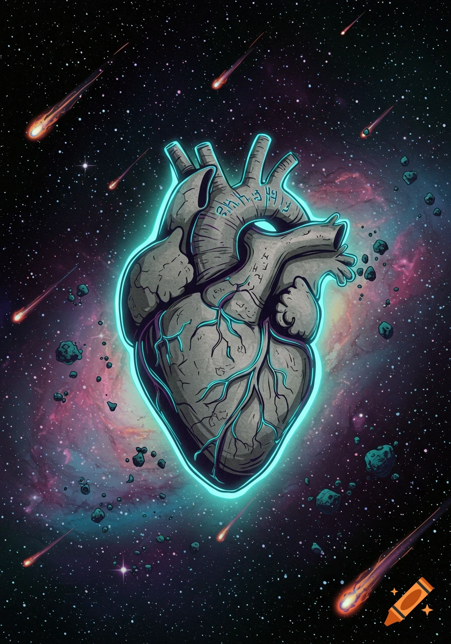 A stylized stone anatomical heart with a blue glow floats in space with glowing meteors and scattered rocks, in a comic book style.