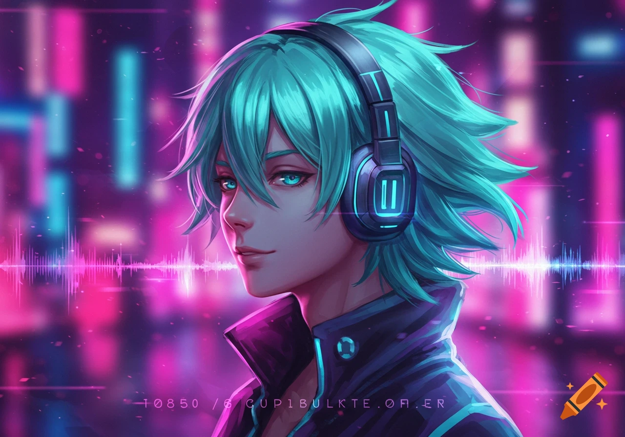 Anime portrait of a young person with teal hair wearing headphones, with a neon cityscape and sound wave graphic in the background.