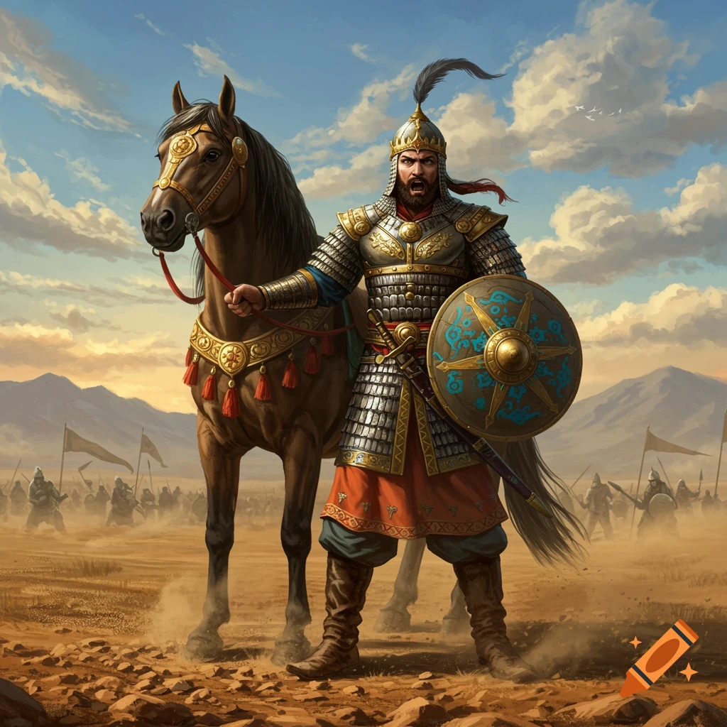 Armored warrior with a feathered helmet holding a horse's reins, standing on a rocky battlefield with an army in the background under a cloudy sky.