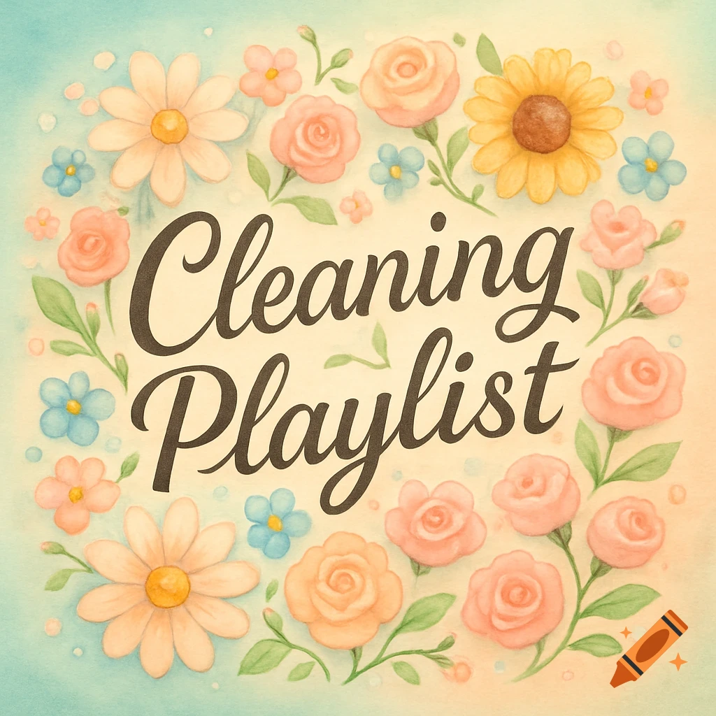 Watercolor illustration of "Cleaning Playlist" text surrounded by pink, yellow, and blue flowers.