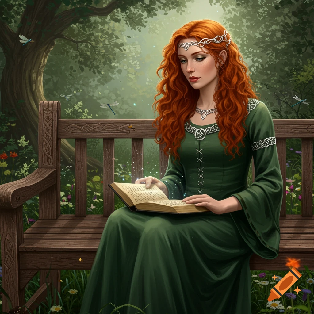 A beautiful Celtic woman with long red hair wearing a green dress sits on a wooden bench in a magical forest, reading an open book.