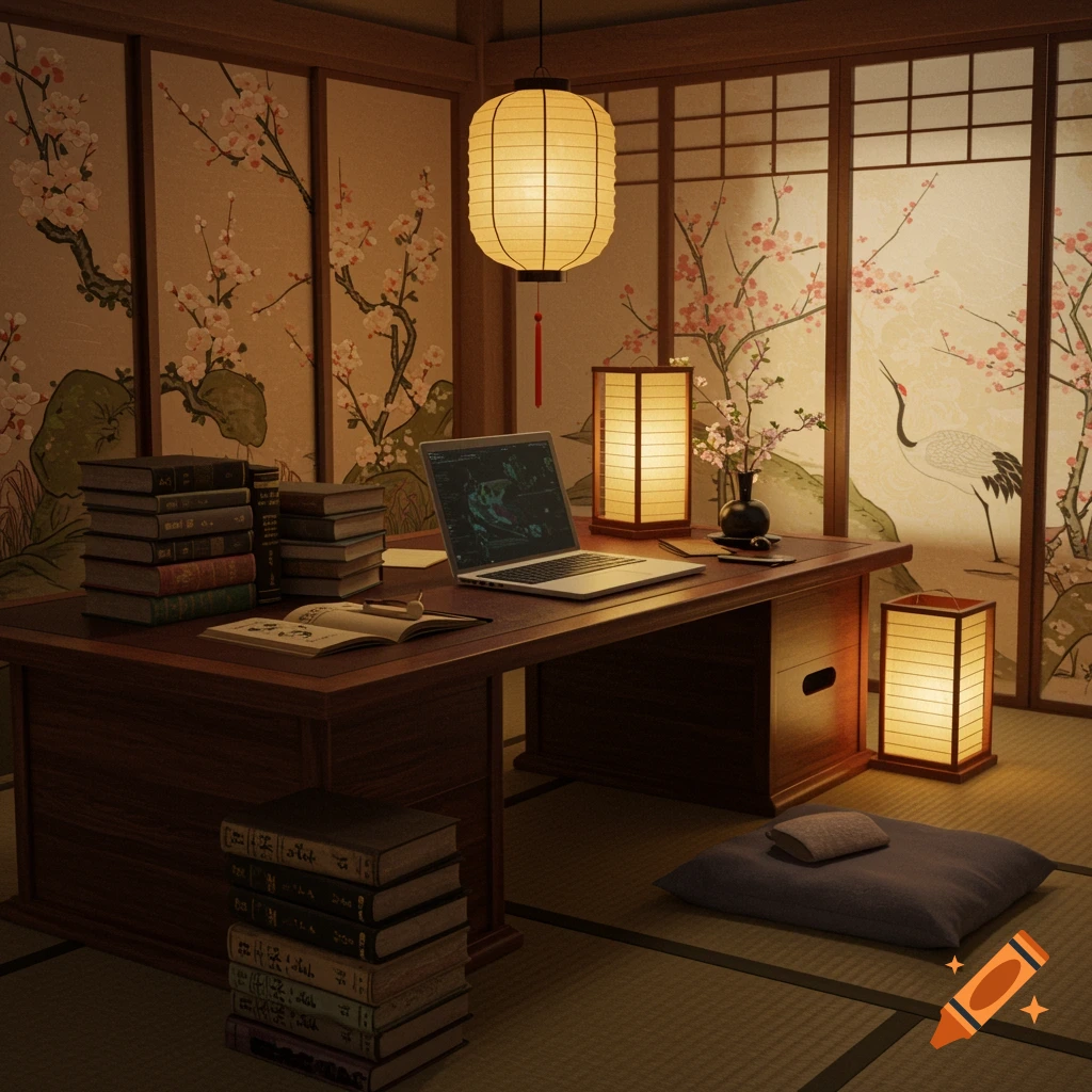 A Japanese-style study with a wooden desk, laptop, stacked books, and traditional lanterns, set against cherry blossom screens.