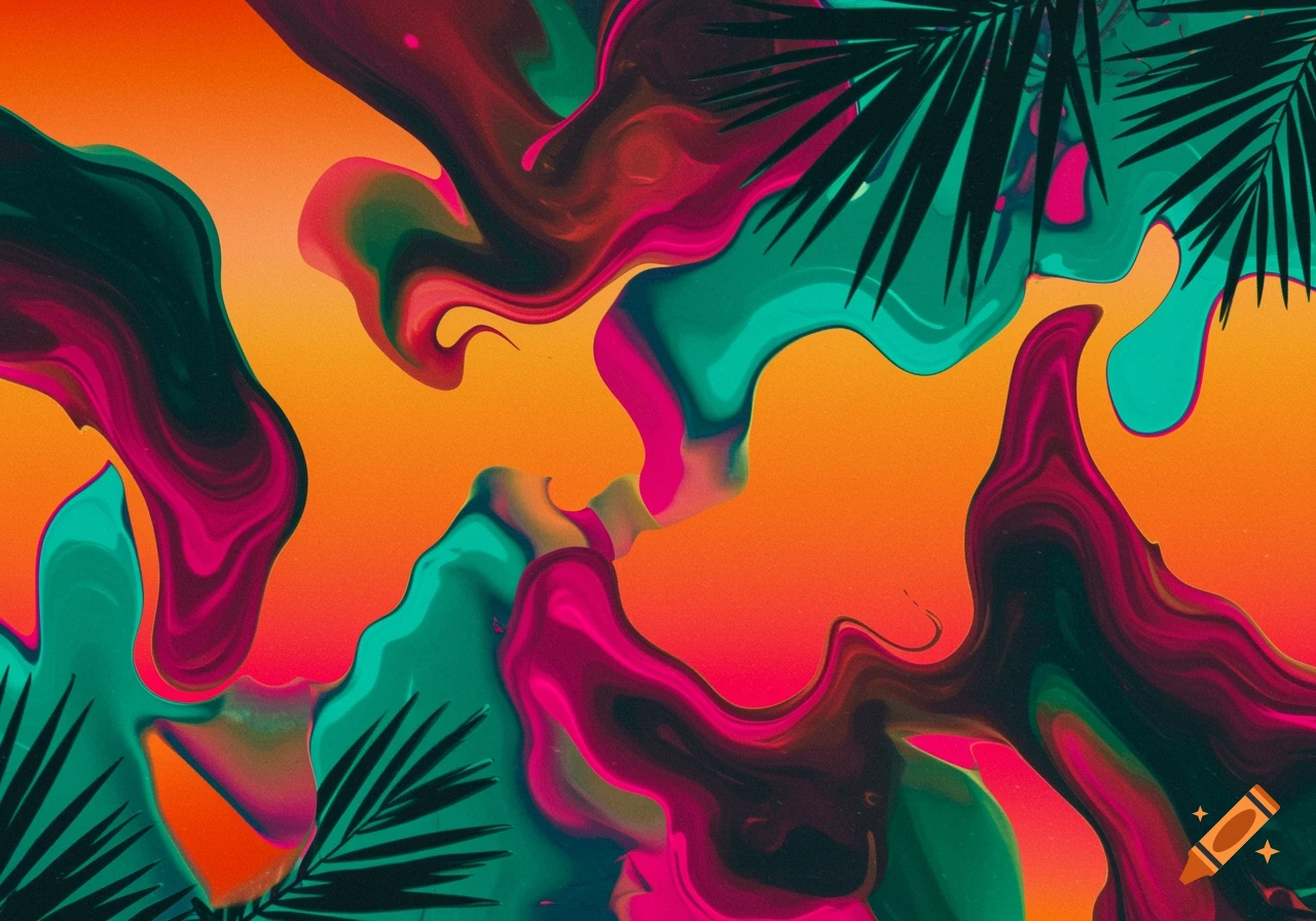 Abstract art with swirling shapes in vibrant orange, fuchsia, and teal, accented by dark palm leaves.