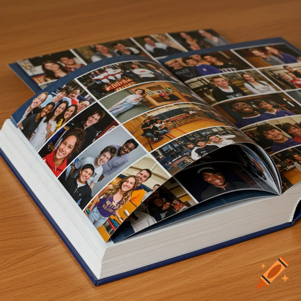 An open yearbook displaying various photos of students on its pages, resting on a wooden table.