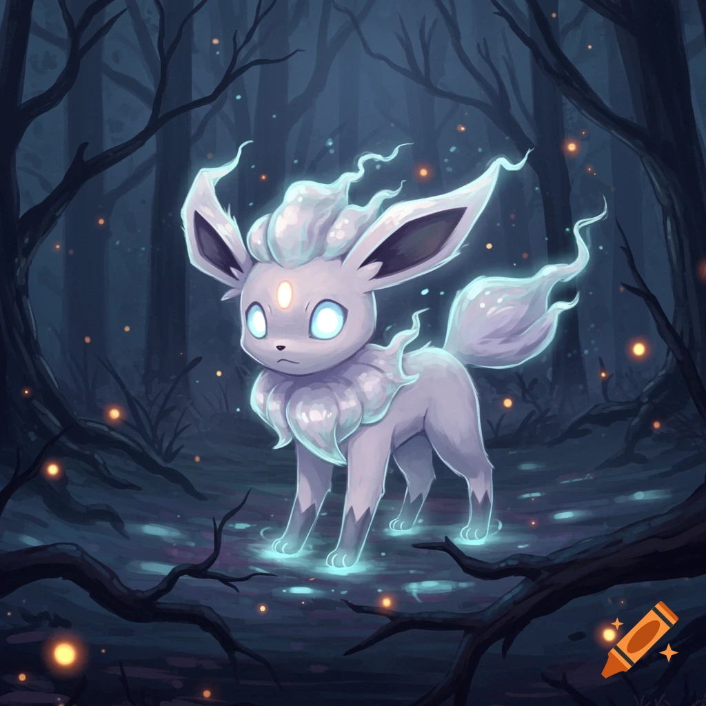 A glowing, light purple, ghost-like Eevee evolution with bright blue eyes stands in a dark, mystical forest with glowing fireflies.