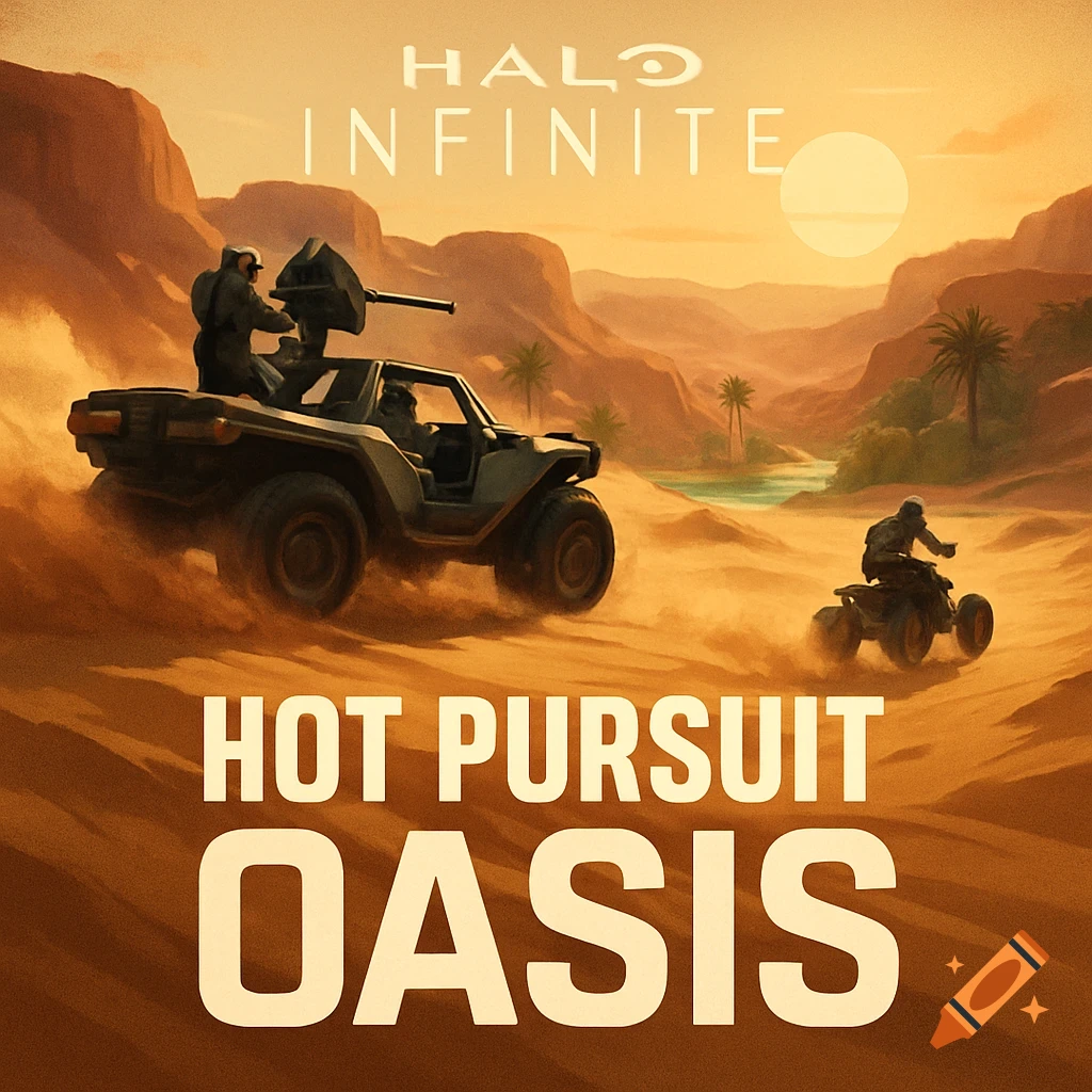A game logo for 'Halo Infinite: Hot Pursuit Oasis' shows an armored SUV with a turret chasing a quad bike through a dusty desert landscape with a distant oasis.
