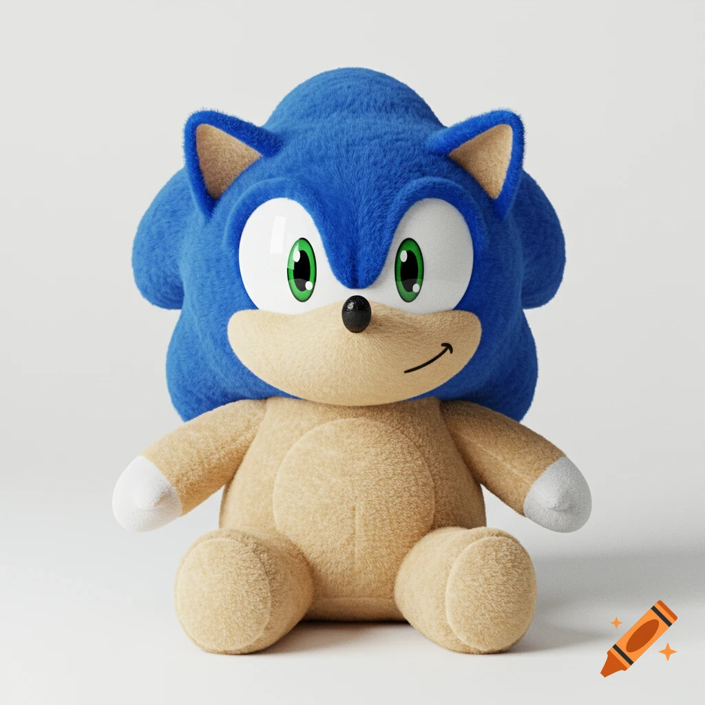 A realistic plush toy with Sonic the Hedgehog's blue head and a tan, soft fabric body, sitting front-facing against a white background.