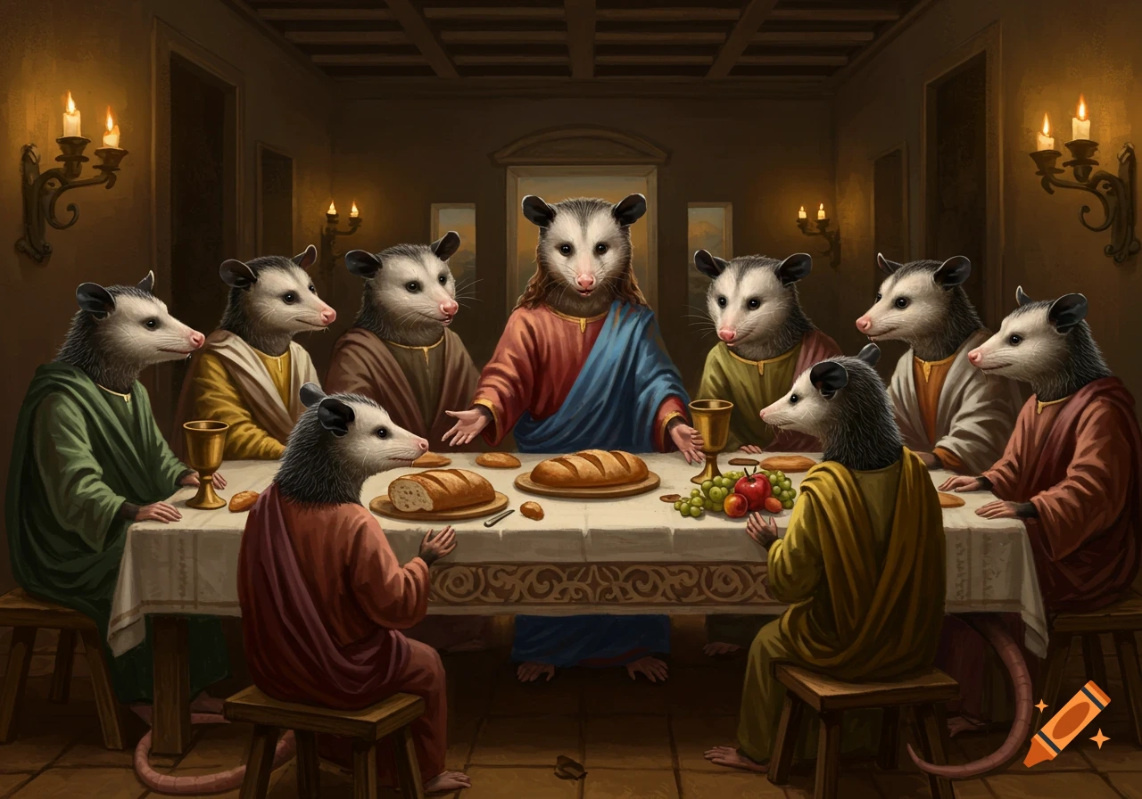 A painting of possums parodying The Last Supper, with one prominent possum in blue and red robes at the center.
