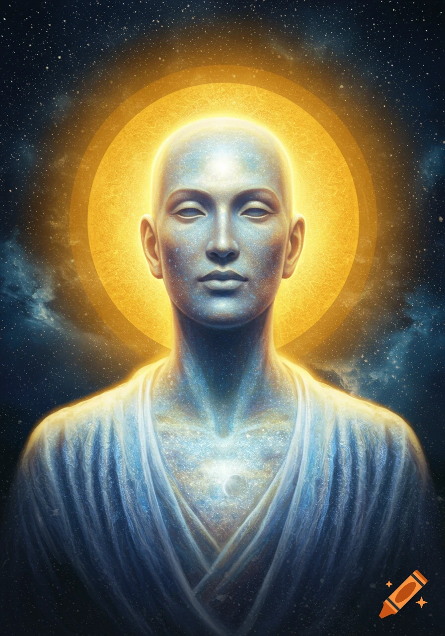 A serene, bald figure with glowing skin and a halo against a cosmic, starry background.