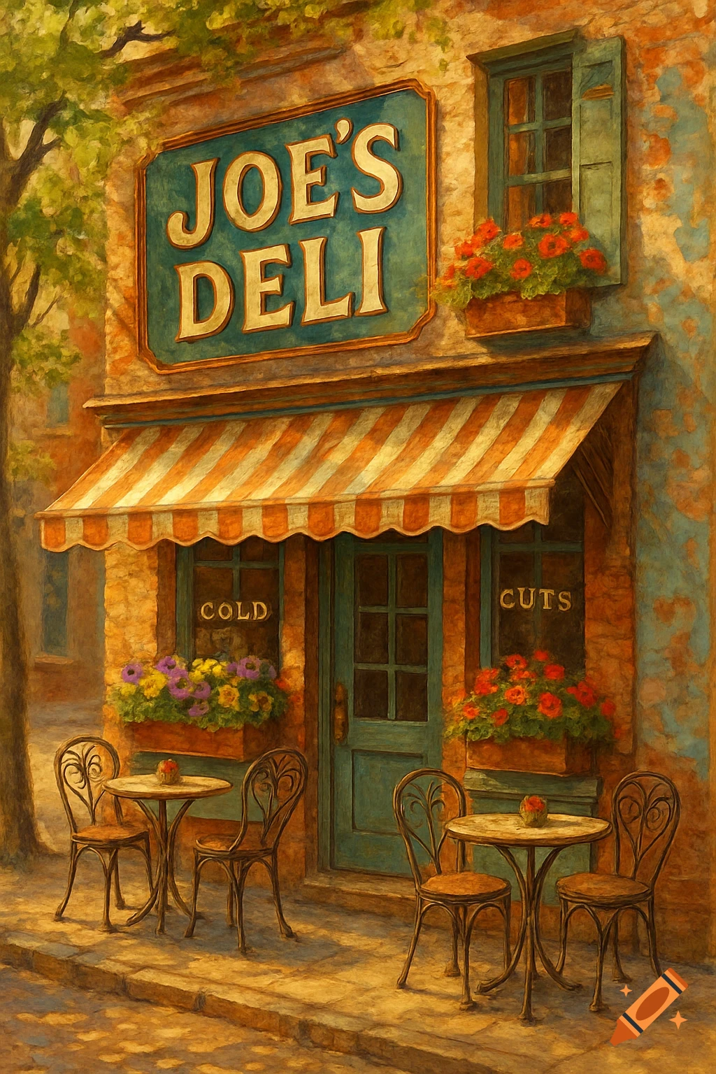 Impressionistic painting of Joe's Deli storefront with an orange striped awning, outdoor tables, and flower boxes.