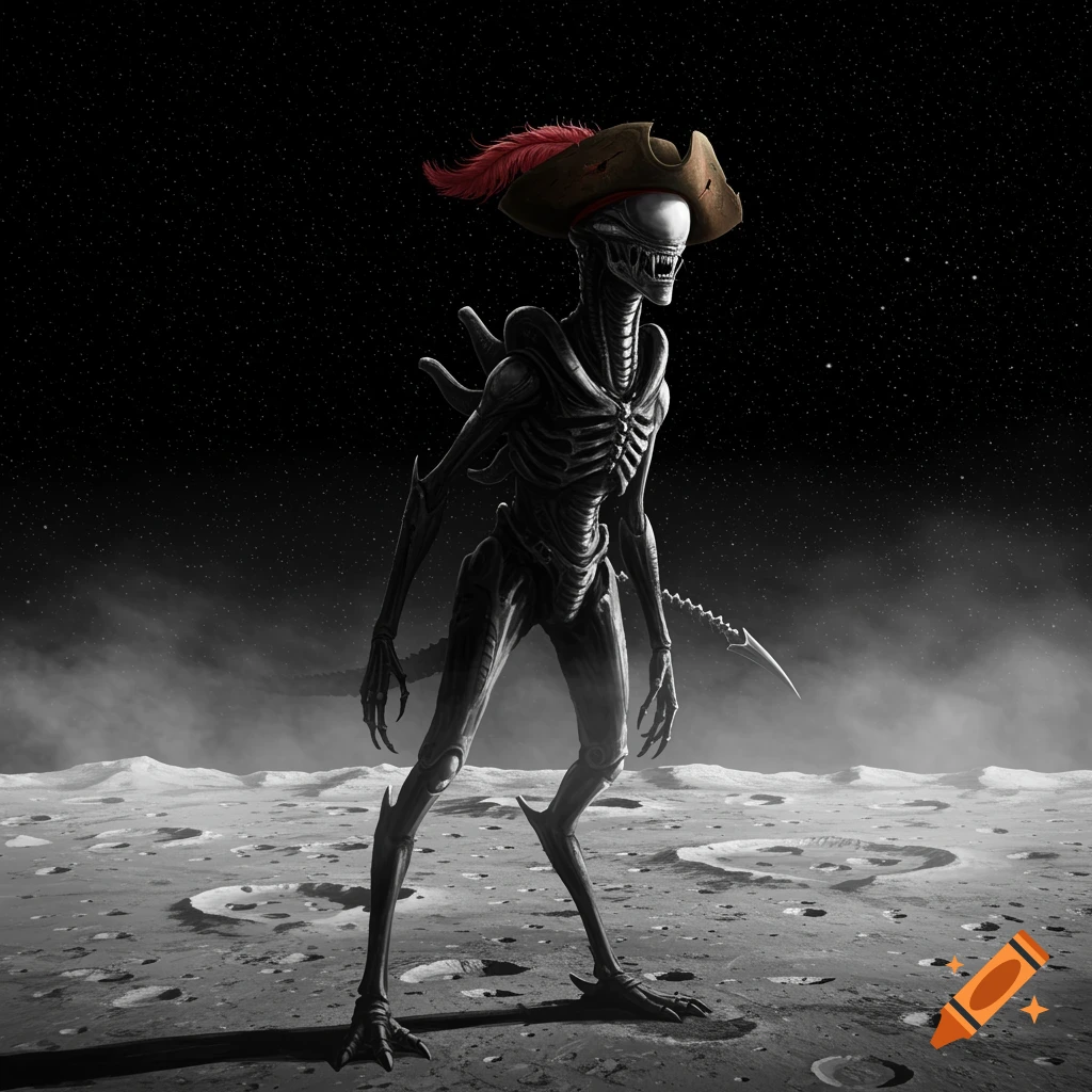 A dark, detailed Xenomorph creature wearing a pirate hat stands on the cratered moon surface under a starry sky.