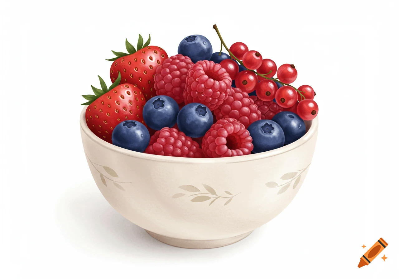 A white bowl filled with red strawberries, raspberries, blue blueberries, and red currants on a white background.