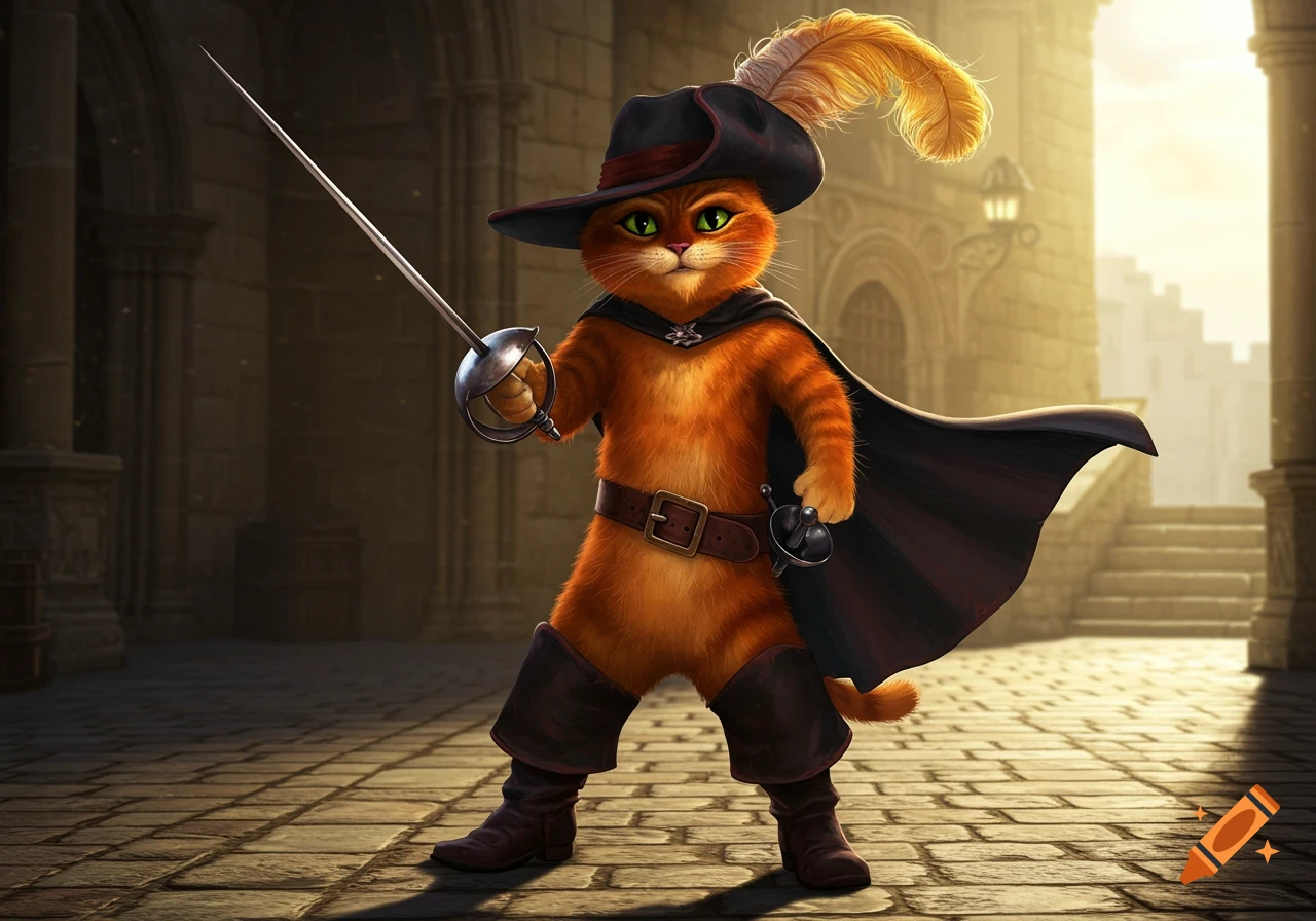 Puss in Boots, an anthropomorphic orange cat in a hat, cape, and boots, stands with a sword in a cobblestone street.