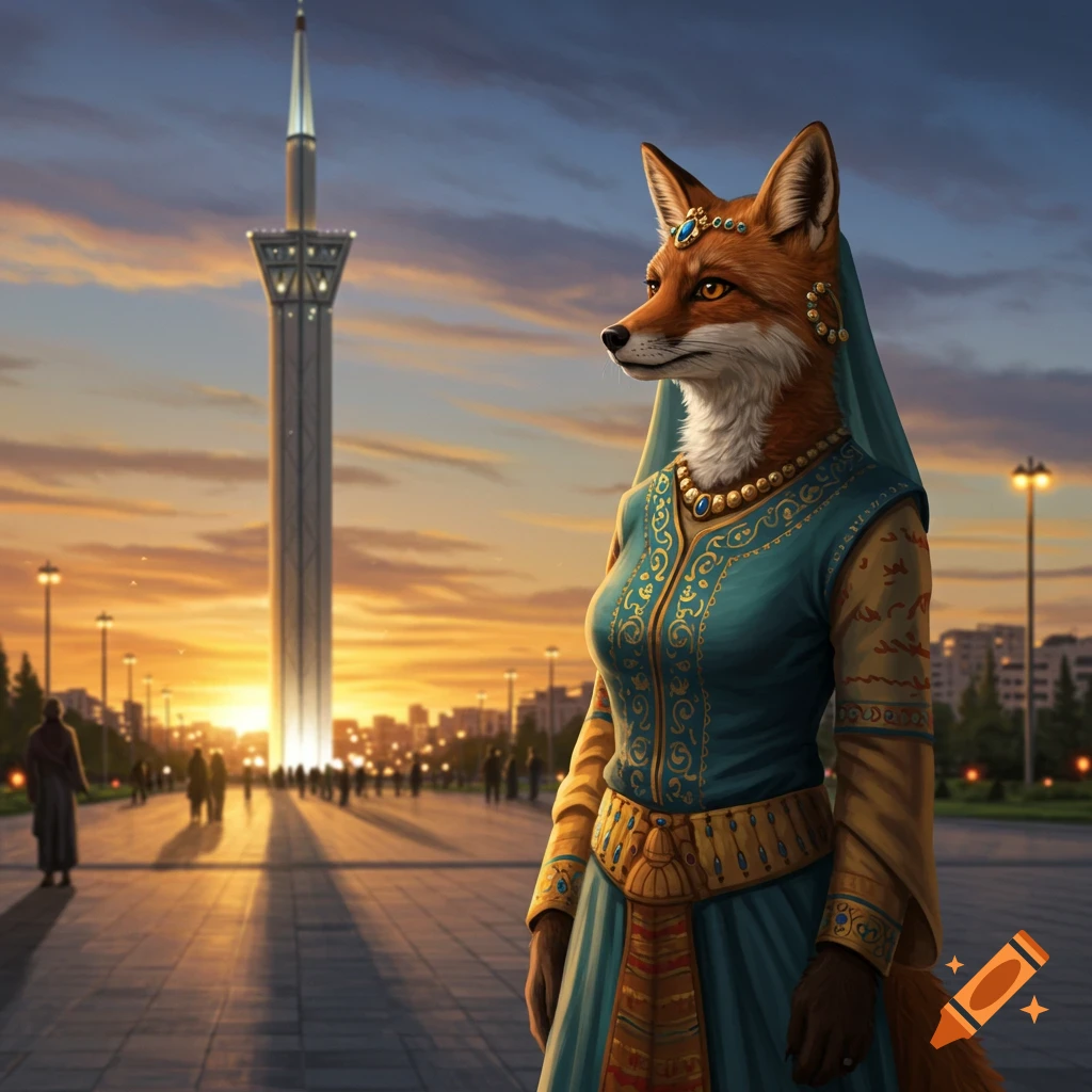 A female anthropomorphic fox in ornate teal and gold traditional dress stands in a city square with the Milad Tower at sunset.