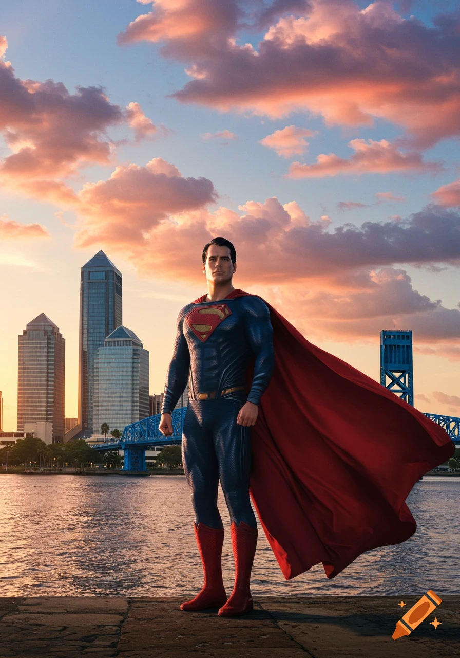 Photorealistic image of Superman standing by a river with the Jacksonville skyline and a sunset sky in the background.
