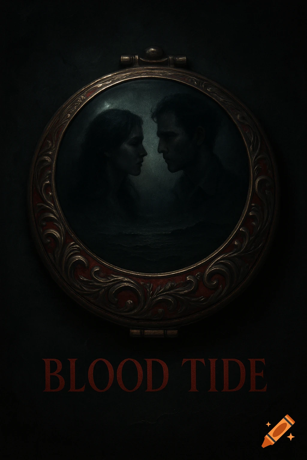 A dark, ornate locket featuring profiles of a man and woman gazing at each other over turbulent water, with "BLOOD TIDE" in red text below.