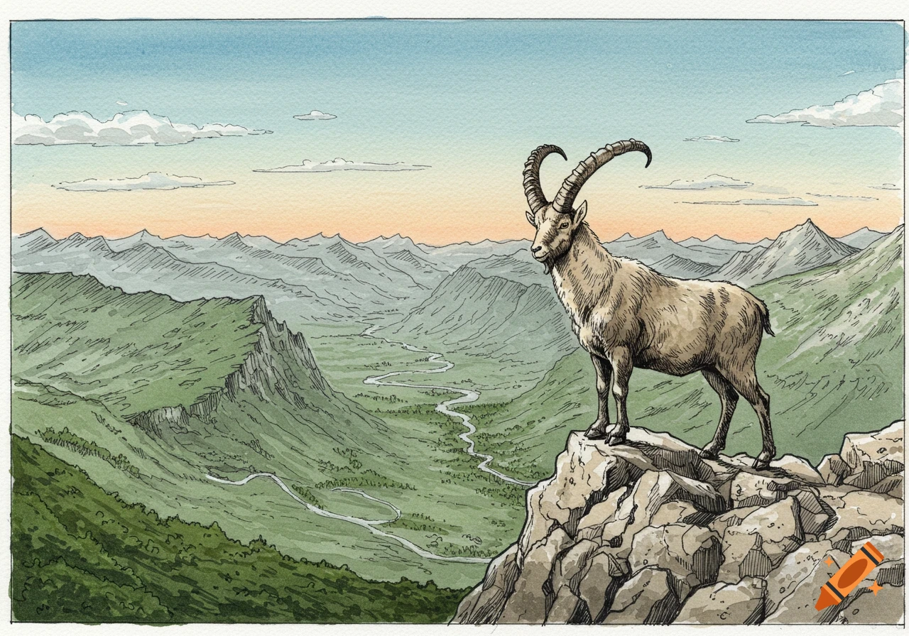 An ibex stands on a rocky mountain peak overlooking a vast valley, rendered in pen and ink with watercolor wash.