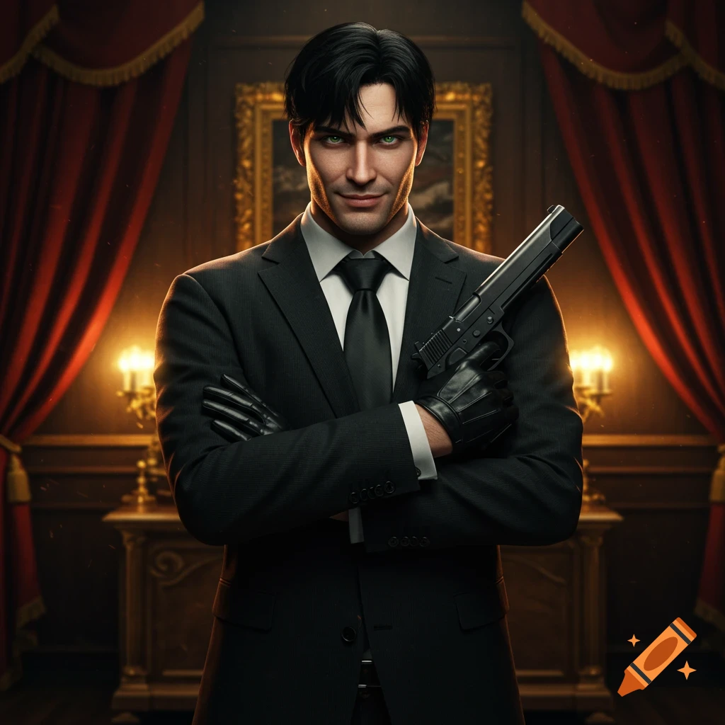 Photorealistic portrait of a dark-haired man with green eyes, smirking in a black suit with gloves, holding a gun, in an elegant room.