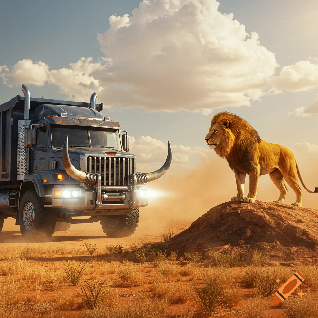 A powerful lion stands atop a small hill, facing off against a large dump truck with bull horns in a dusty desert landscape.