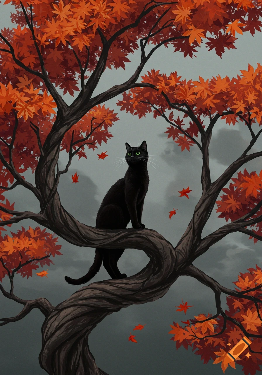 An illustration of a black cat with green eyes sitting on a gnarled tree branch filled with bright orange maple leaves against a cloudy sky.