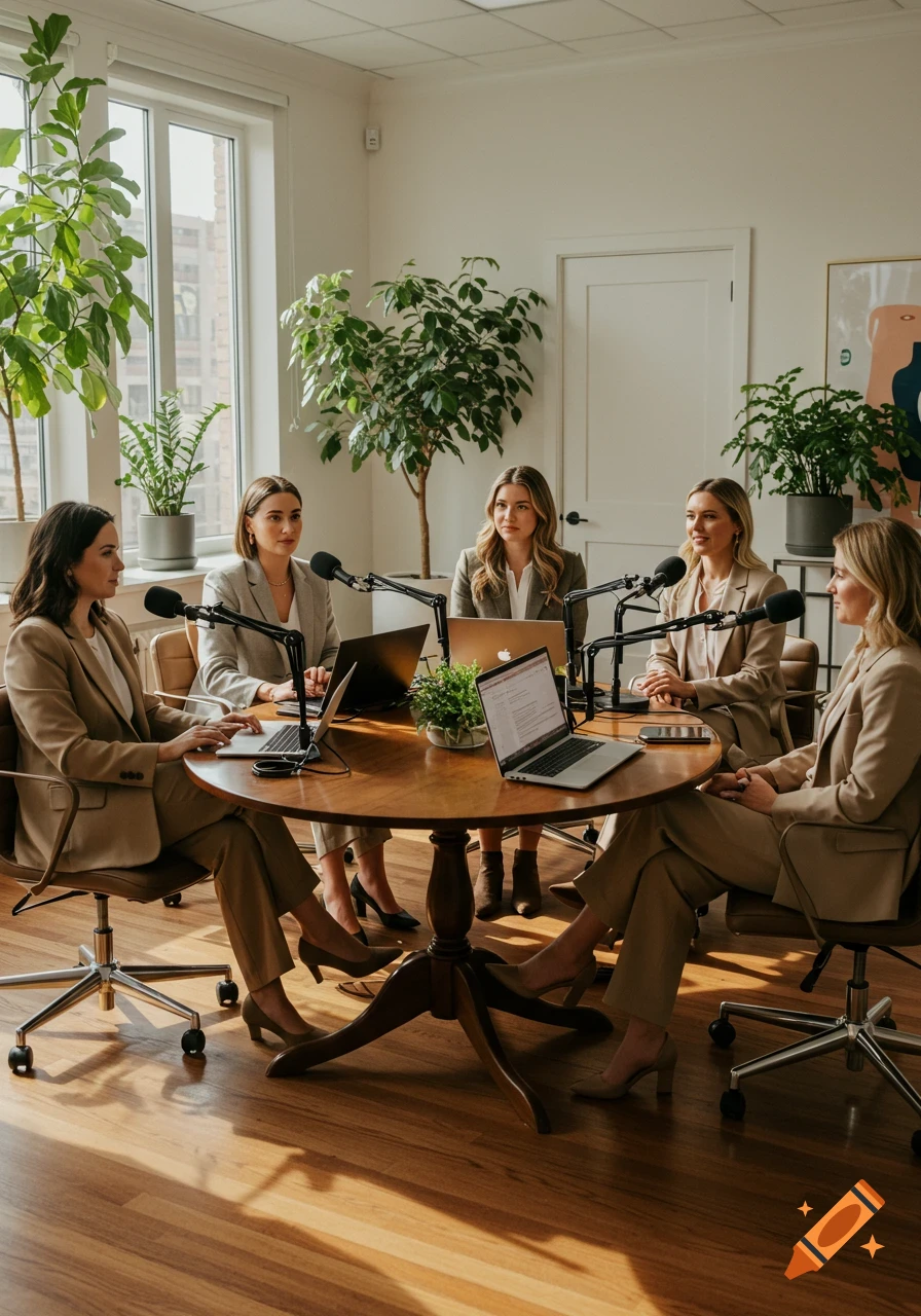 Five women in office attire sitting around a table with laptops and microphones, appearing to record a podcast in a sunlit office.