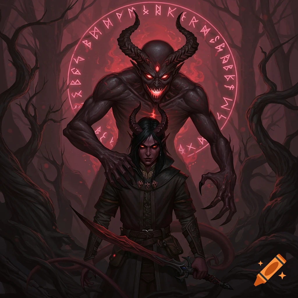A dark fantasy illustration of a horned warlock with a sword in a forest, overshadowed by a demon within a glowing red runic circle.
