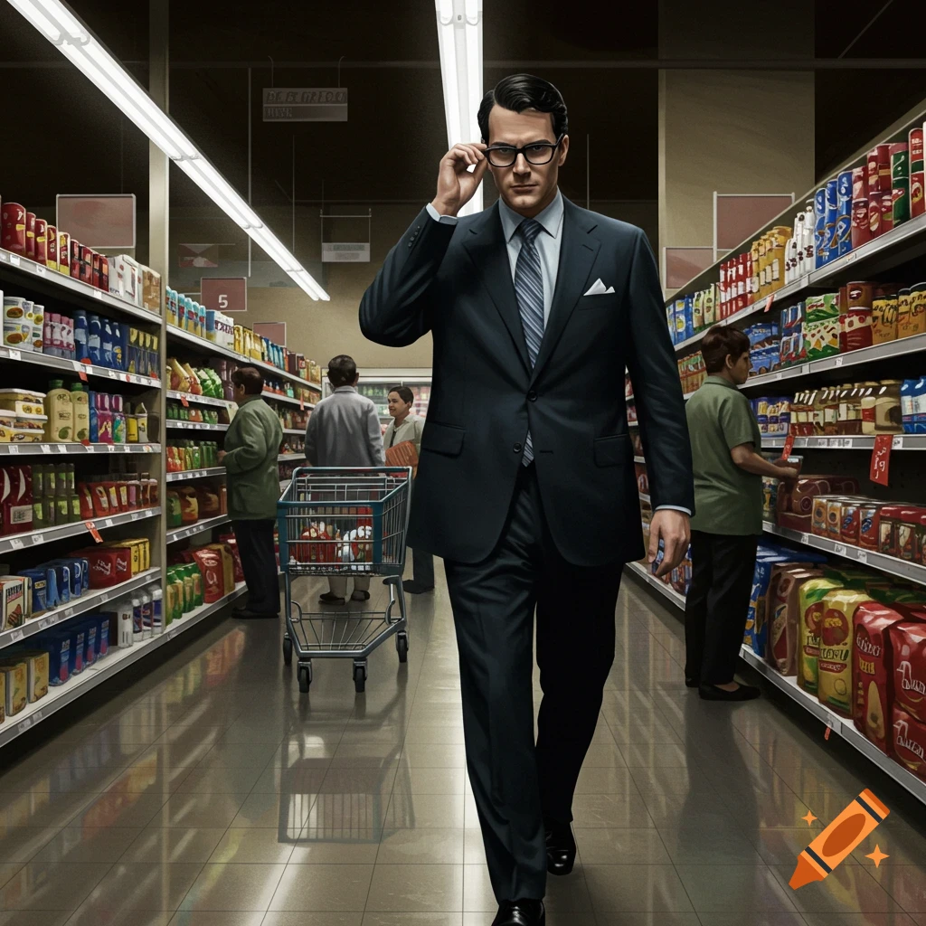 A man in a dark suit and glasses walks through a supermarket aisle, holding his glasses.