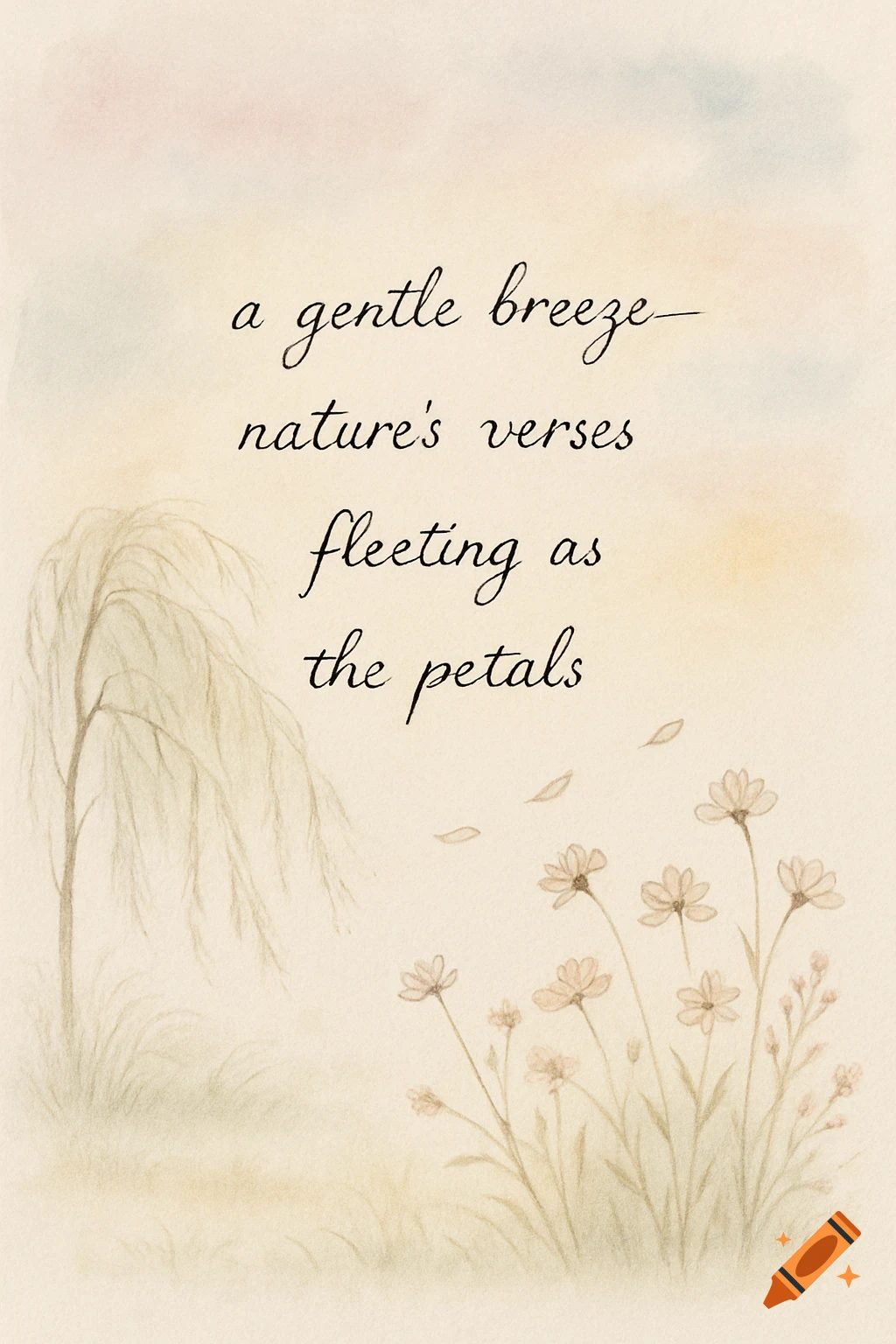 Watercolor illustration of a poem 'a gentle breeze nature's verses fleeting as the petals' with a willow tree, flowers, and falling petals.