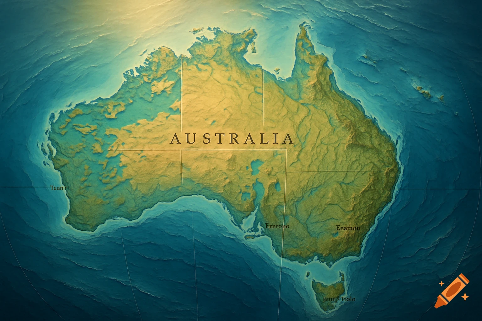 A vintage-style map of Australia with elevated ocean levels, showing detailed topography.