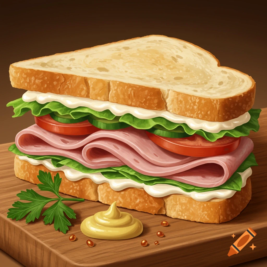 A detailed ham sandwich with lettuce, tomato, and mayo on a wooden board with mustard and parsley.