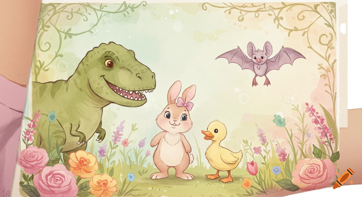A whimsical watercolor illustration of a friendly T-Rex, bunny, duckling, and bat in a field of wildflowers and vines.
