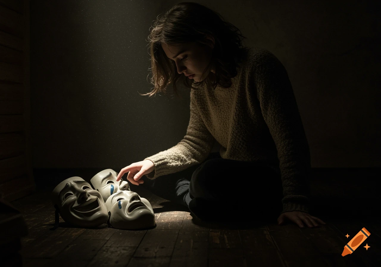 A woman sitting on a dark wooden floor, touching a white crying mask among other theatrical masks, lit by a single beam of light.