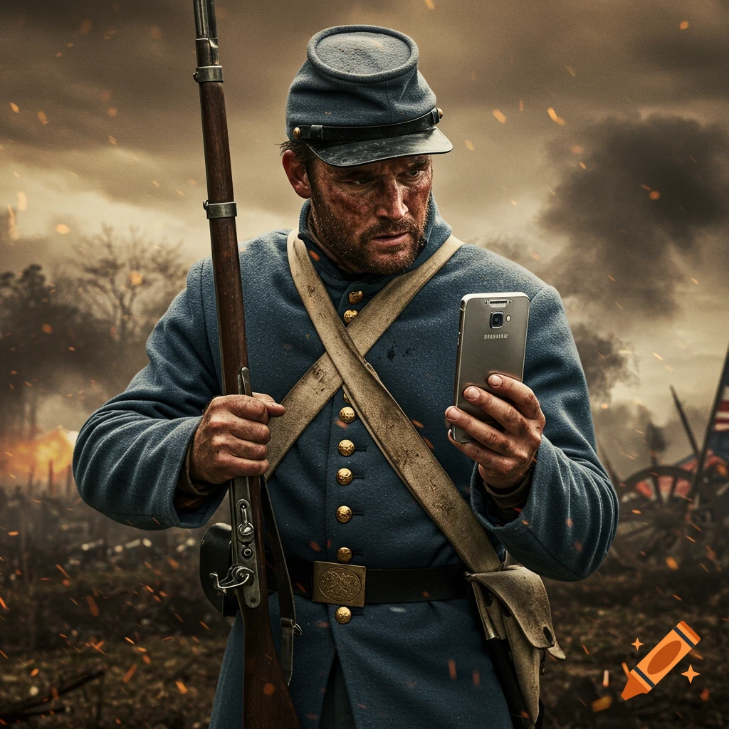 A hyperrealistic photo of an 1800s American soldier on a smoky battlefield, holding a musket and looking at a modern Samsung smartphone.