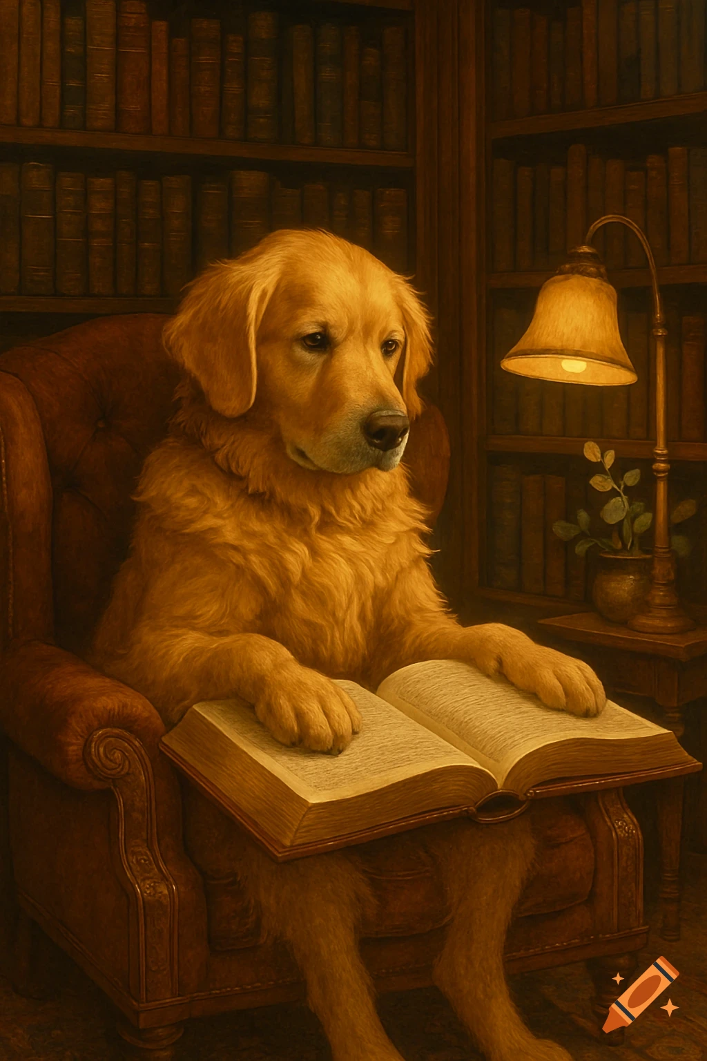 A golden retriever sits in an armchair, reading an open book in a dimly lit library, in a painterly style.