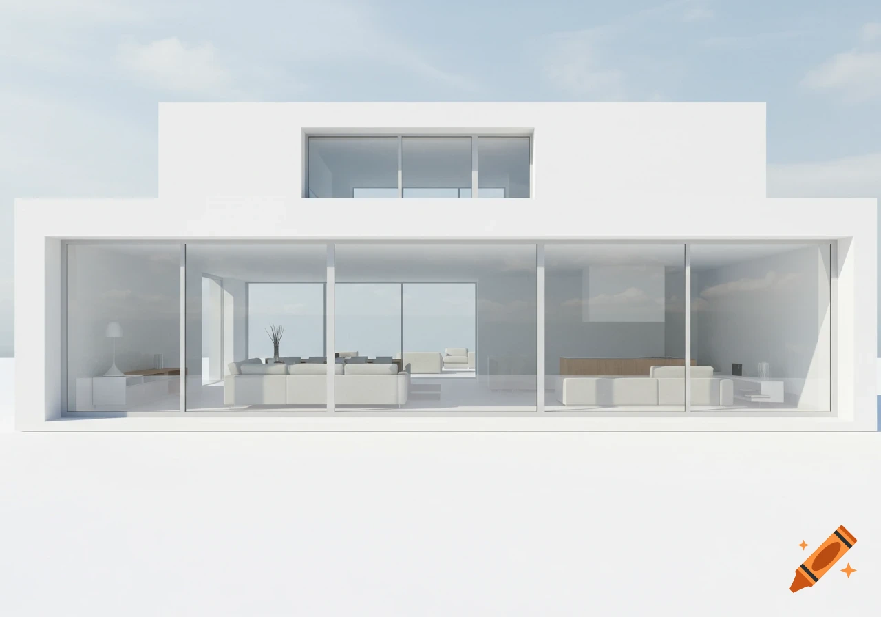 A minimalist modern house with large glass windows revealing a white, spacious interior and a bright sky outside.
