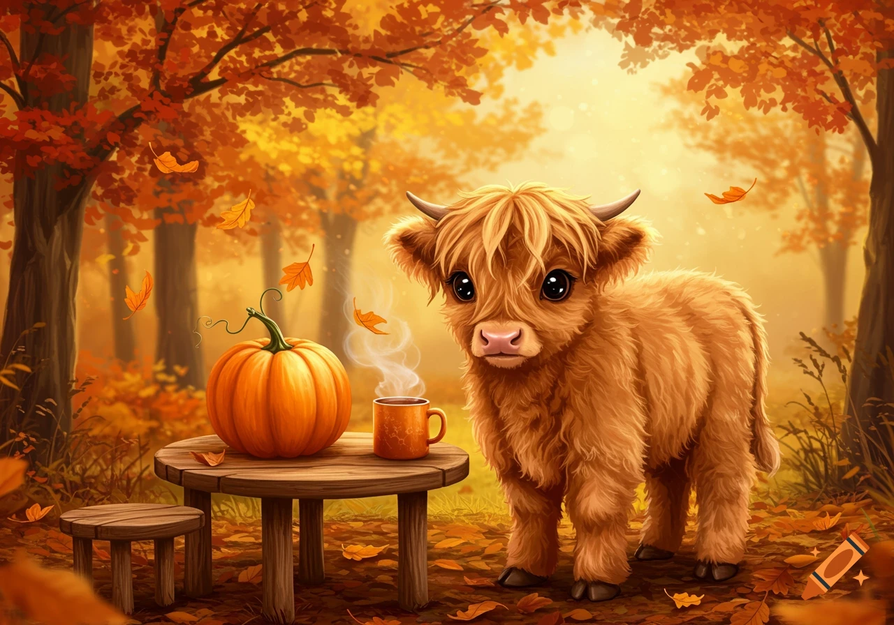 A cute fluffy baby Highland cow stands beside a pumpkin and a steaming mug on a table in an autumn forest with falling orange leaves.
