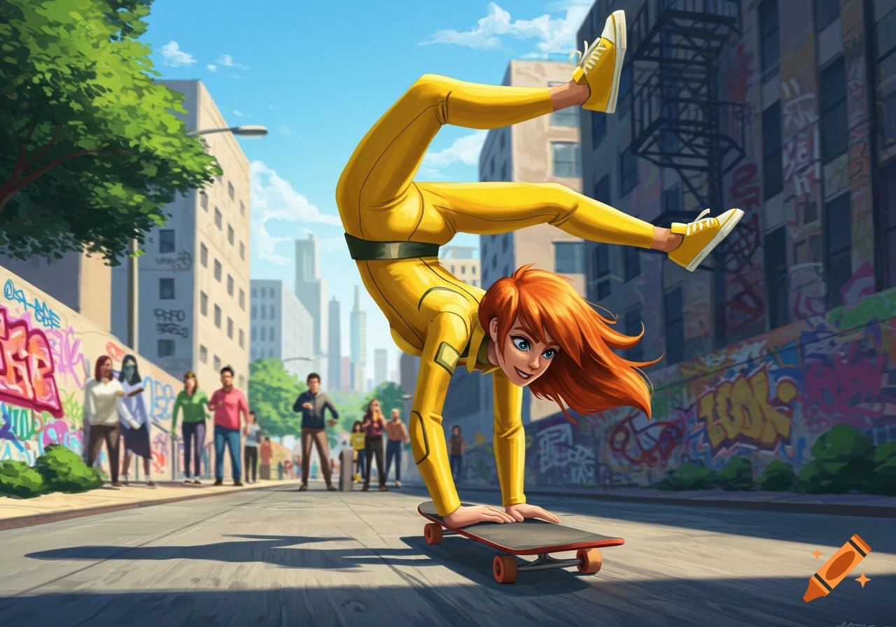 April O'Neil doing a handstand on a skateboard in an urban street with graffiti-covered walls in a cartoon style.
