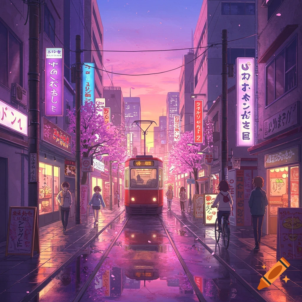 Vibrant anime-style city street at dusk with a red tram, pedestrians, pink cherry blossoms, and neon-lit buildings.