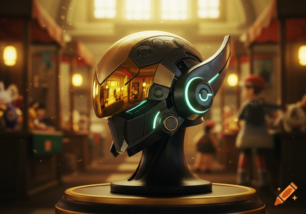 A detailed, futuristic black and gold helmet with glowing teal accents, displayed on a pedestal in a softly lit, bustling market background.