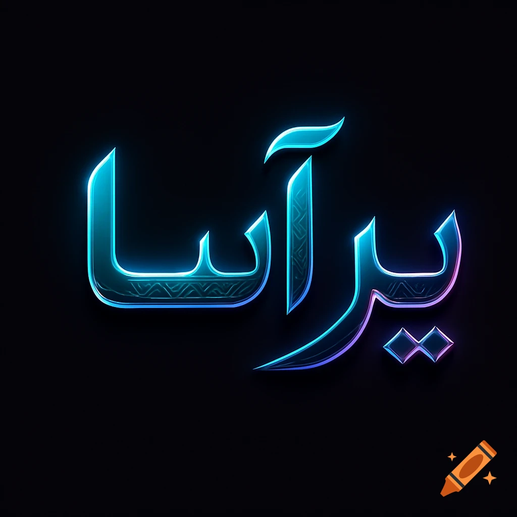 Futuristic Persian logotype for 'پرآسا' with neon cyan and purple gradient on a deep black background.