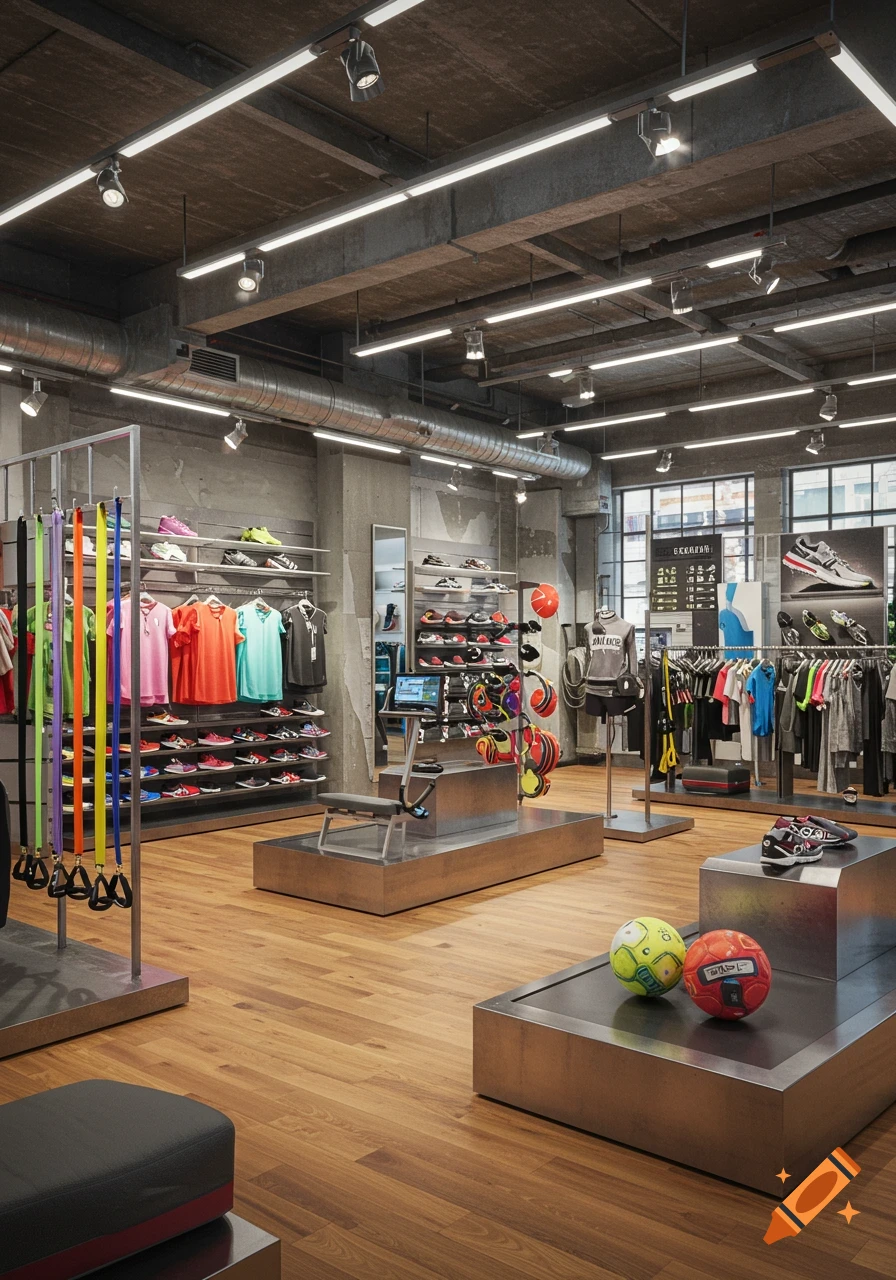 Photorealistic image of a brightly lit sports equipment and clothing store with shoes, apparel, and resistance bands on display.